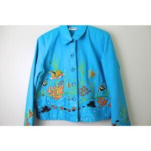 Anage Womens Jacket Size Small Blue Fish Novelty Print Beaded Embroidered Art